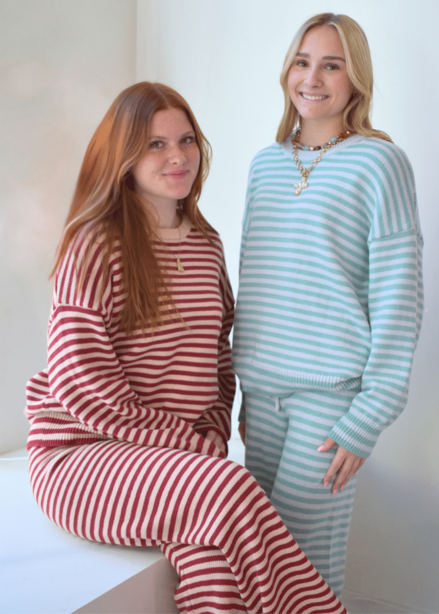 Long Sleeve Crew Neck Sweater & Wide Leg Pants - Aqua/Lt Blue Stripe - MerciGrace BoutiqueSet