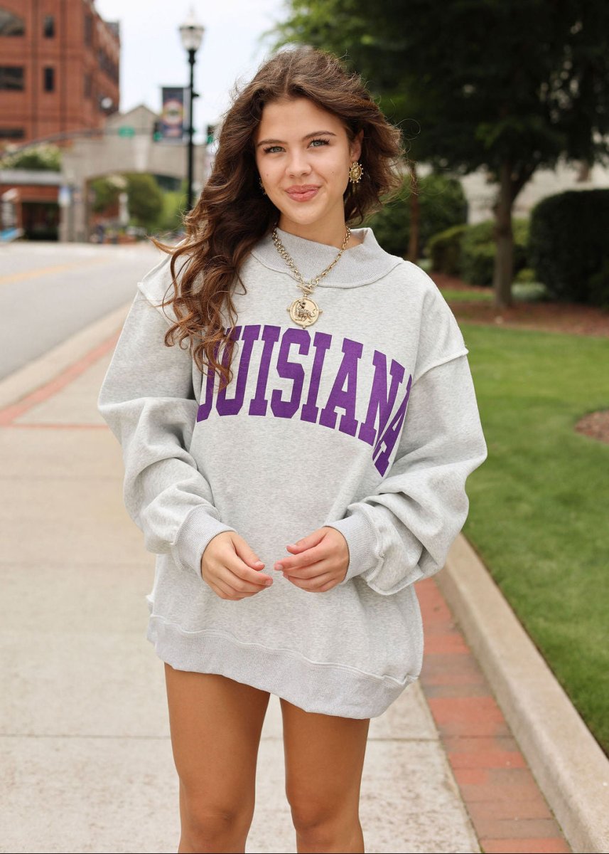 Louisiana Mockneck Sweatshirt - Heather Grey & Purple - MerciGrace BoutiqueSweatshirt