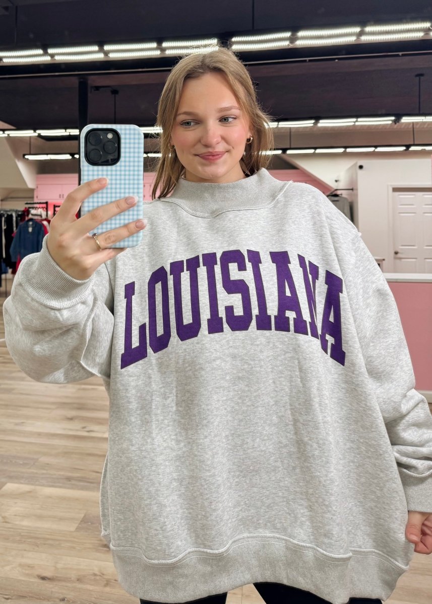 Louisiana & Tigers Reversible Mockneck Sweatshirt - H. Grey/Purple - MerciGrace BoutiqueSweatshirt