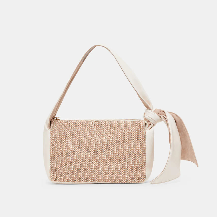 Ivory raffia shoulder bag with knotted scarf style strap