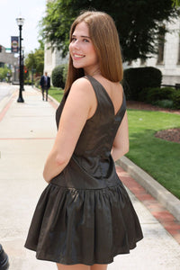Luna Dark Olive Dress - Satin Drop Waist Mini Dress with Boat Neck - MerciGrace BoutiqueDresses