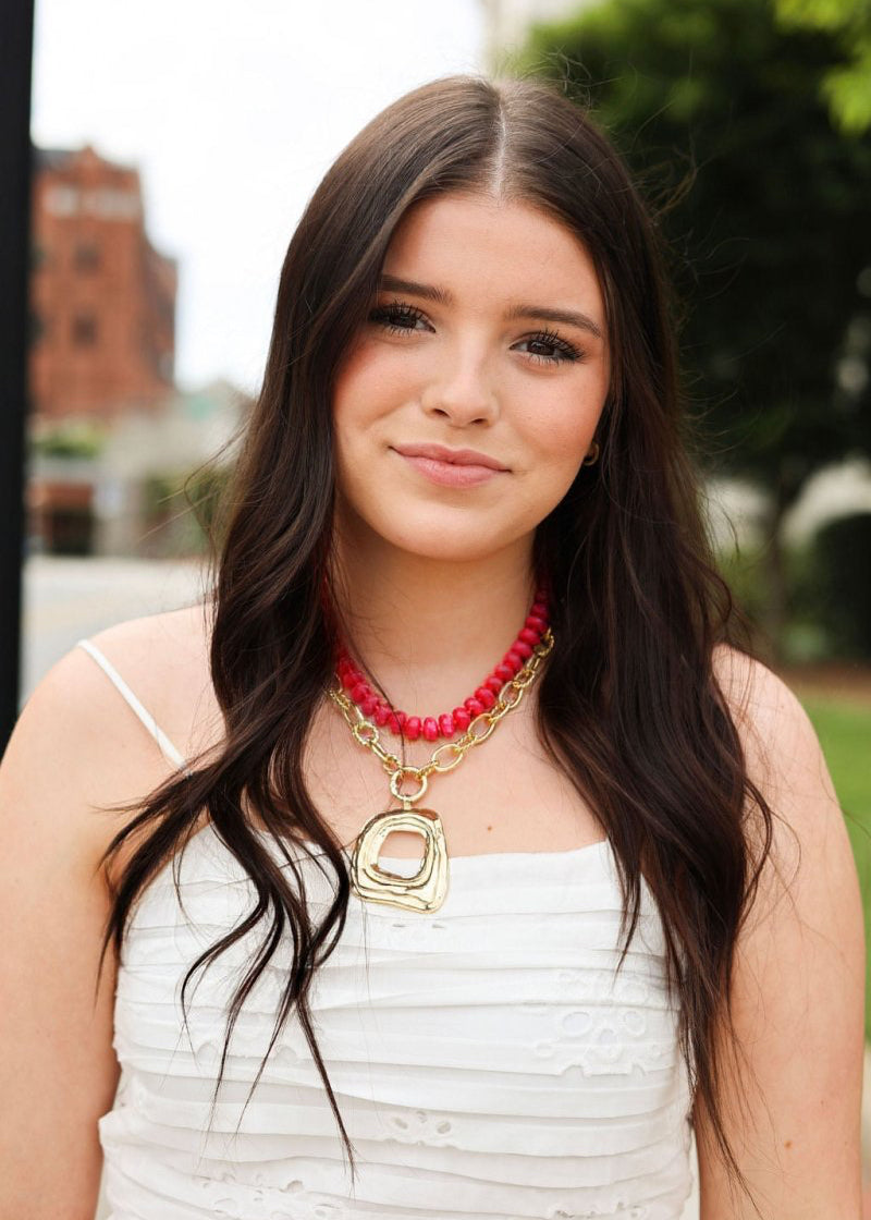 Marble Bead Necklace - Fuchsia/Gold