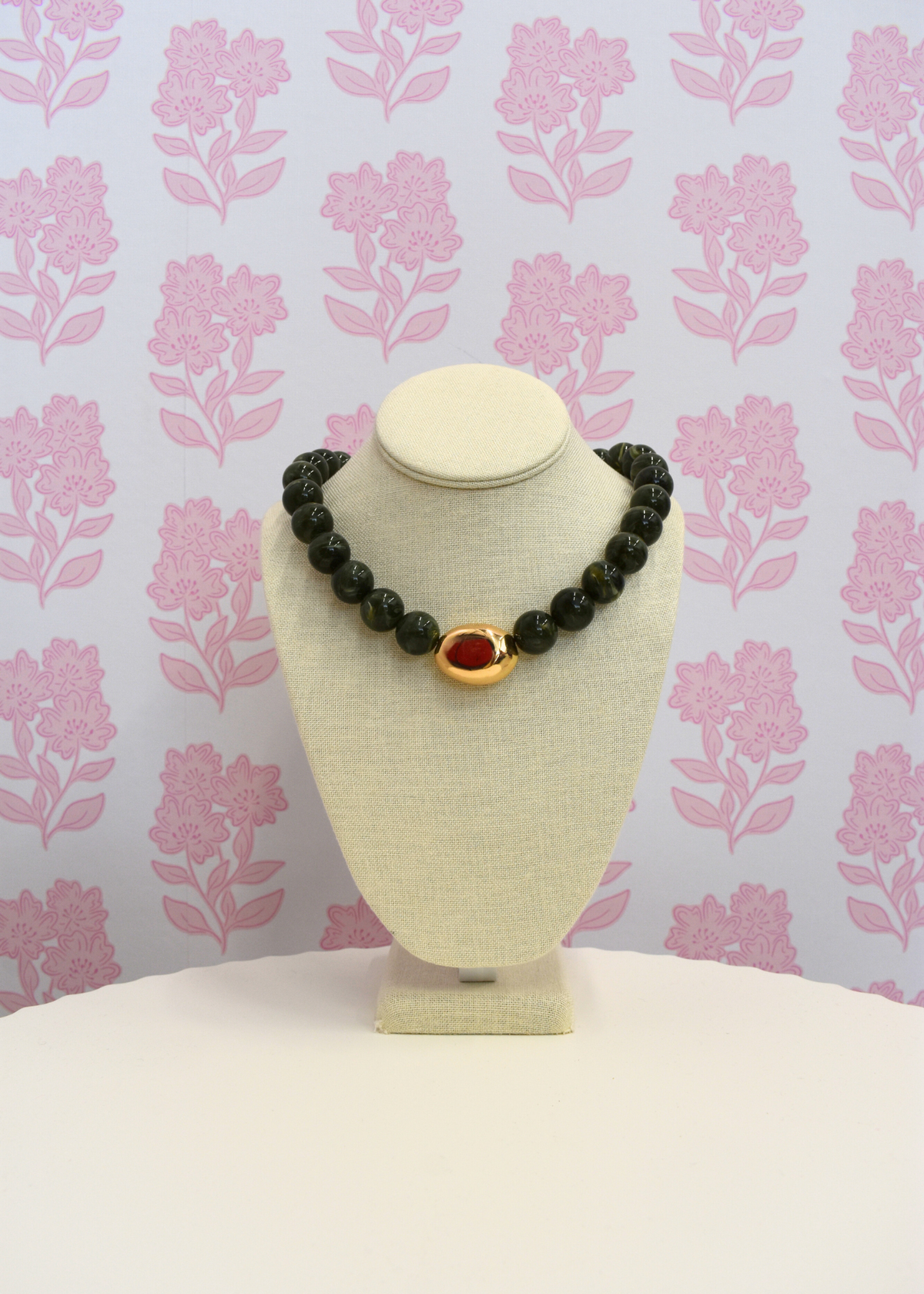 Marble Stone Ball & Accent Organic Necklace - Green