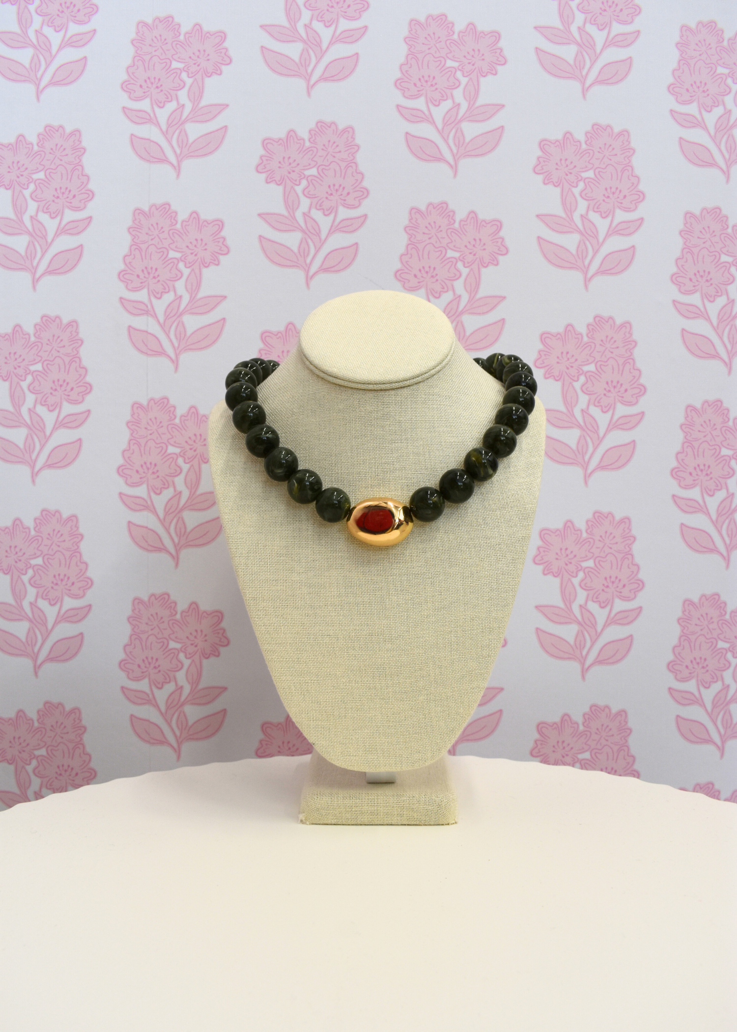 Green marble stone ball necklace with organic accent details