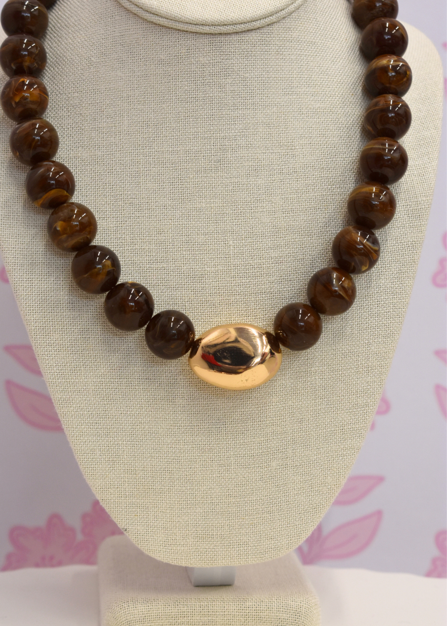Marble stone necklace featuring polished brown stone ball