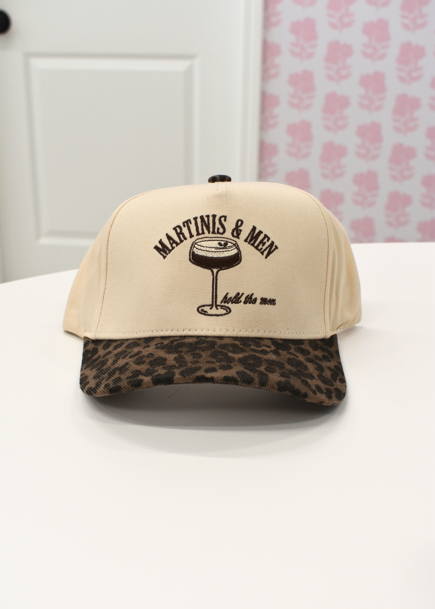 Leopard and natural structured baseball hat with Martinis and Men embroidery