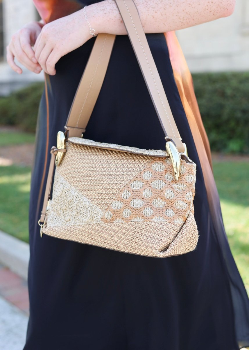 Matilda Patchwork Raffia Shoulder Bag - Natural