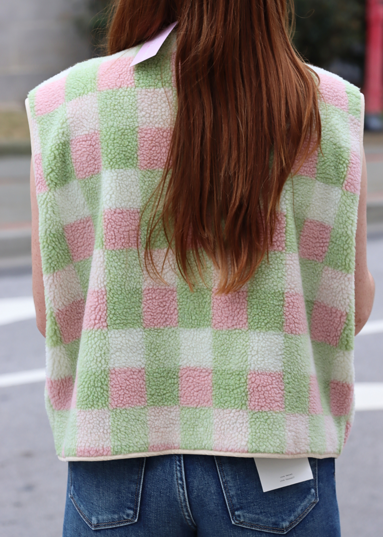Back view of multi color gingham vest top