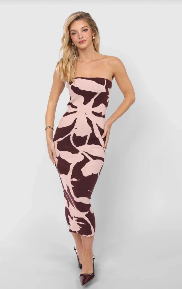 My Dearest Knit Jacquard Tube Dress - Burgundy/Pink - MerciGrace BoutiqueDress