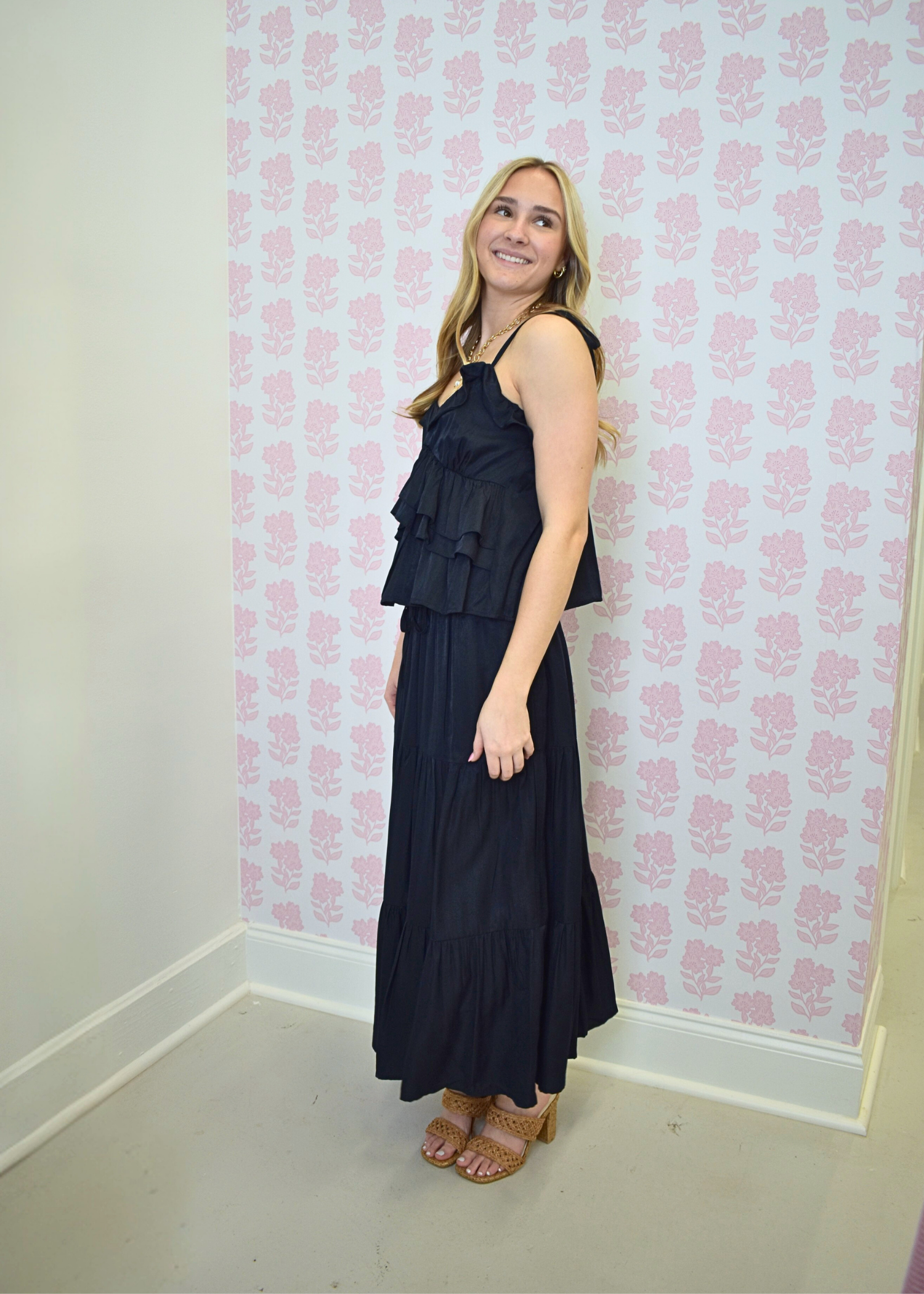 Navy cami and skirt set styled for spring girls day