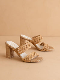 Side view of camel raffia 3 inch block heel sandal