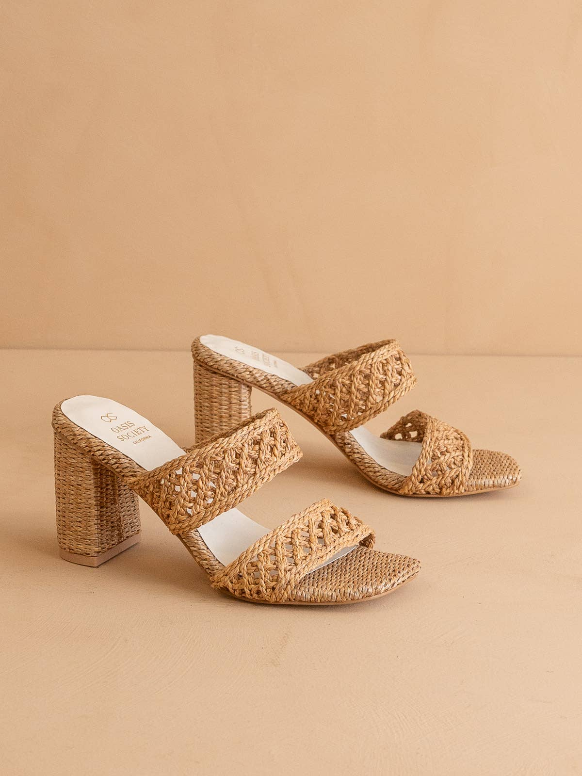 Side view of camel raffia 3 inch block heel sandal