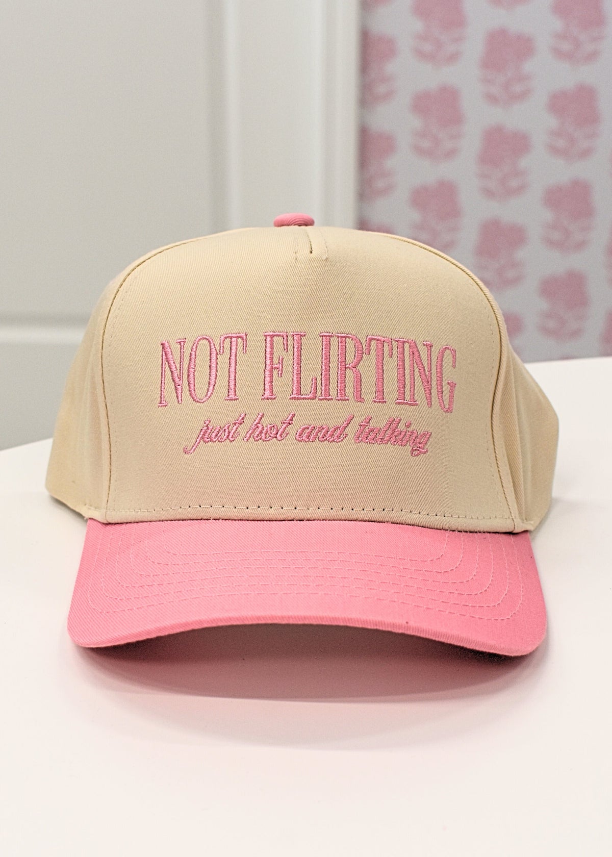 Not Flirting Just Hot Structured Baseball Hat- Pink/Natural