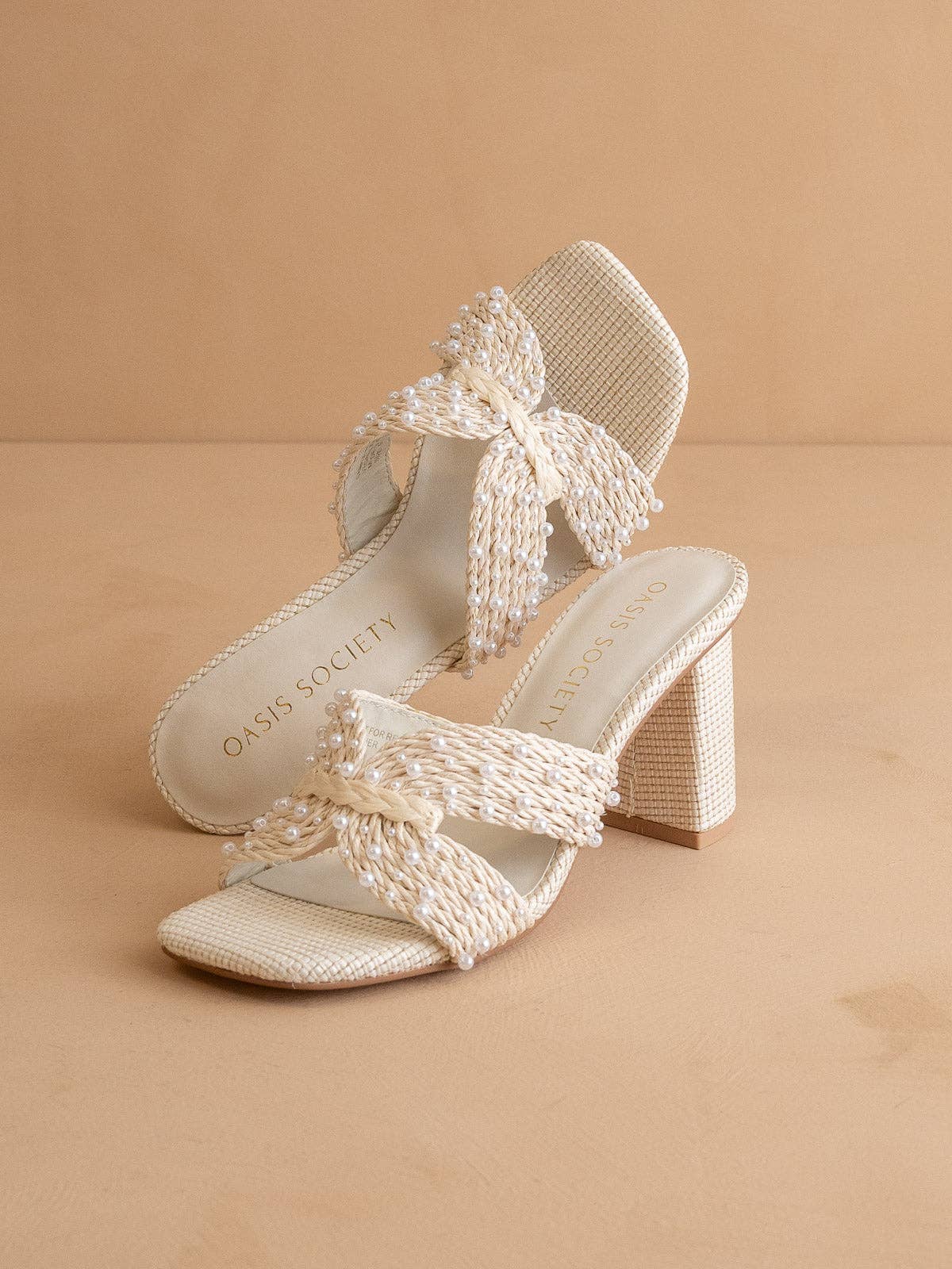 Back view of Oasis Society Tiara white raffia block heel