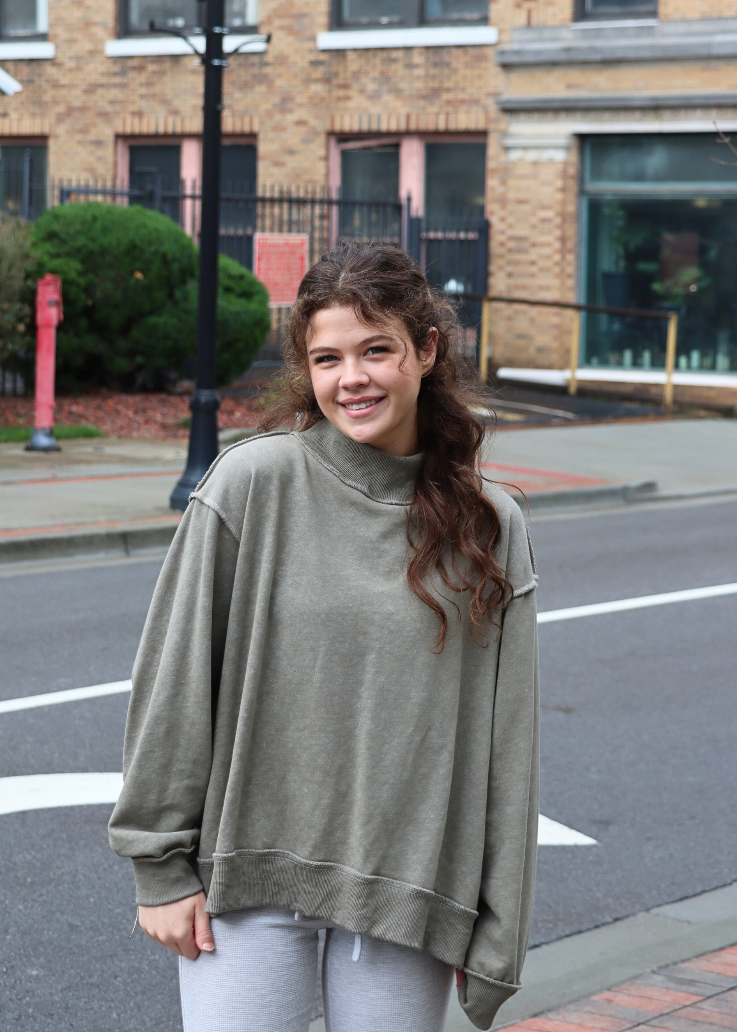 olive lightweight mock neck sweatshirt