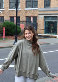 Front view of olive vintage wash mock neck sweatshirt