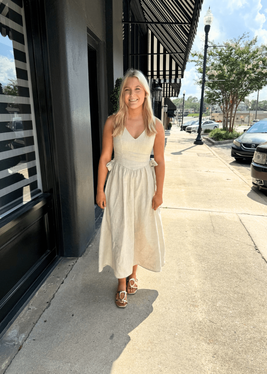 Olivia Bow Tie Linen Midi Dress - MerciGrace BoutiqueDress