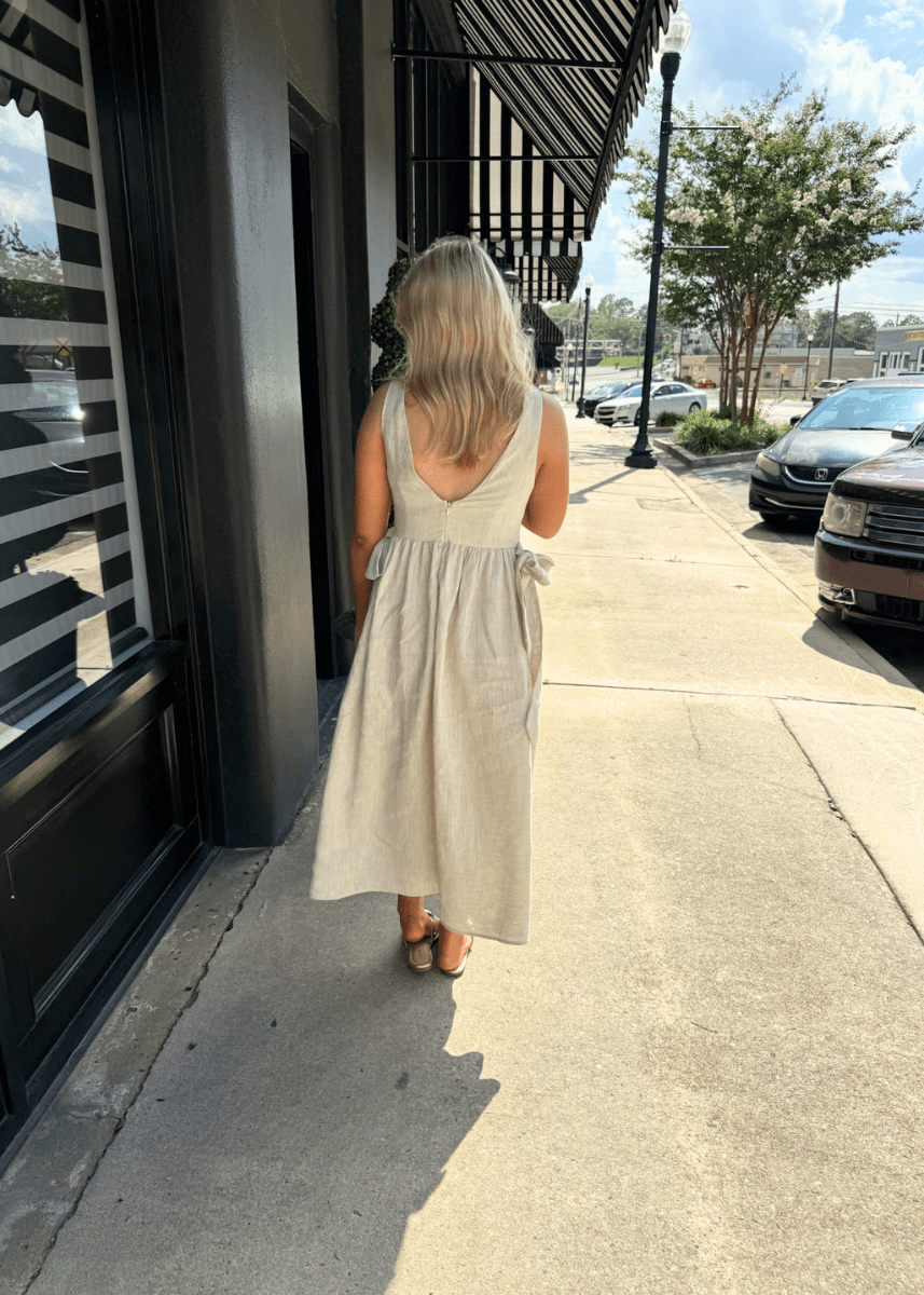 Olivia Bow Tie Linen Midi Dress - MerciGrace BoutiqueDress