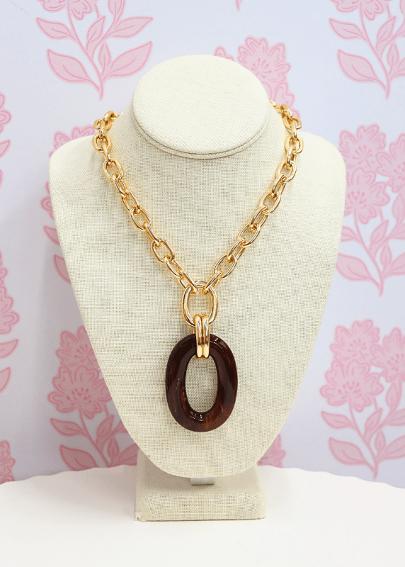 Oval Pendant Y Necklace - Brown/Gold
