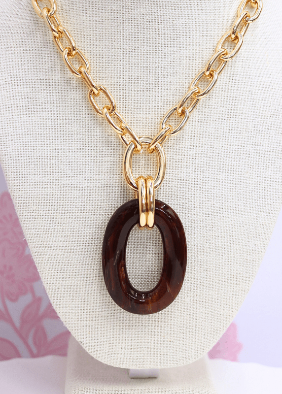 Oval Pendant Y Necklace - Brown/Gold - MerciGrace BoutiqueNecklace