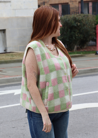 Side view of mint combo multi color gingham vest