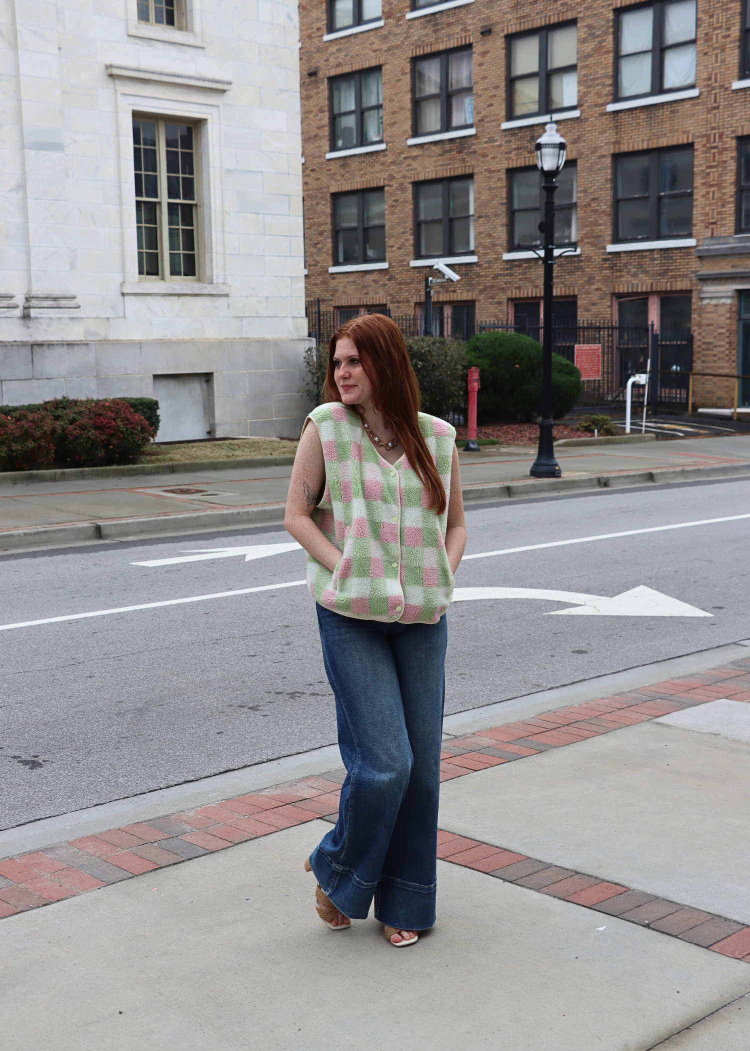 Multi color gingham vest styled for spring outfit