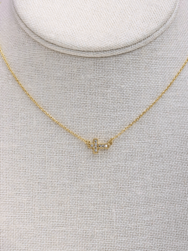 Pave CZ Sideways Cross Necklace - Gold/Clear - MerciGrace BoutiqueNecklace