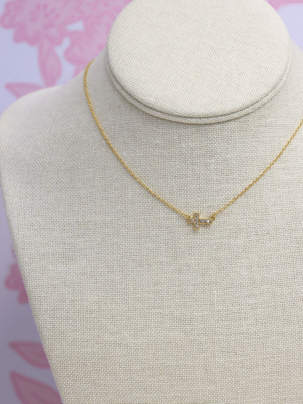 Pave CZ Sideways Cross Necklace - Gold/Clear - MerciGrace BoutiqueNecklace