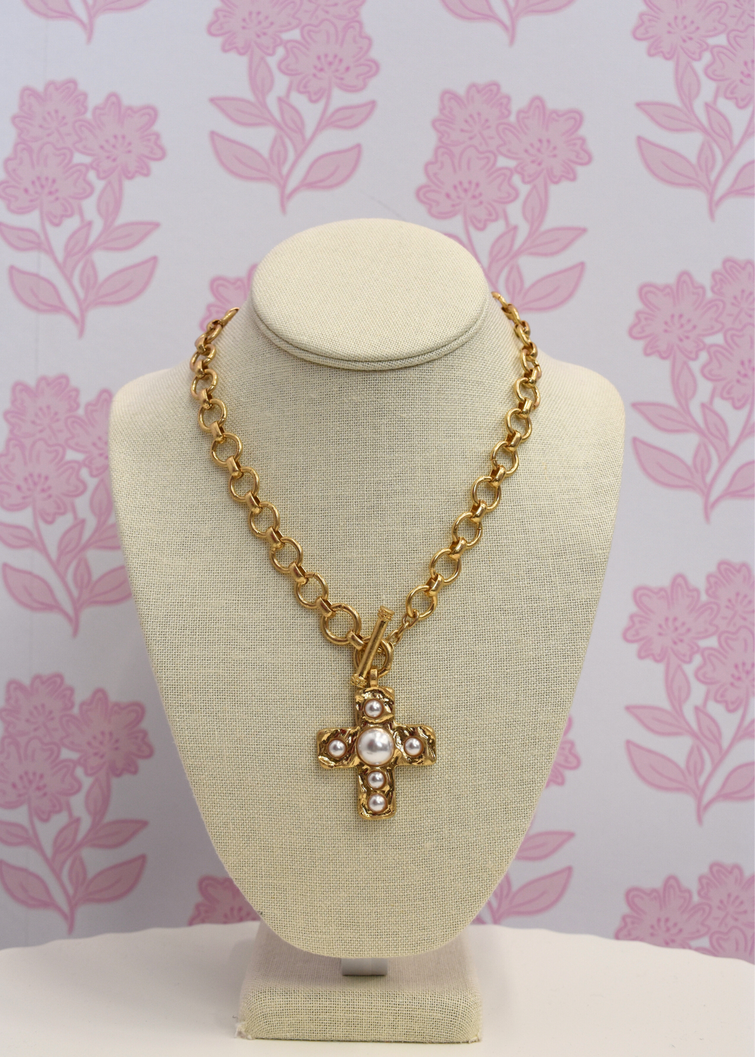 Pearl cross pendant necklace with pavé detail