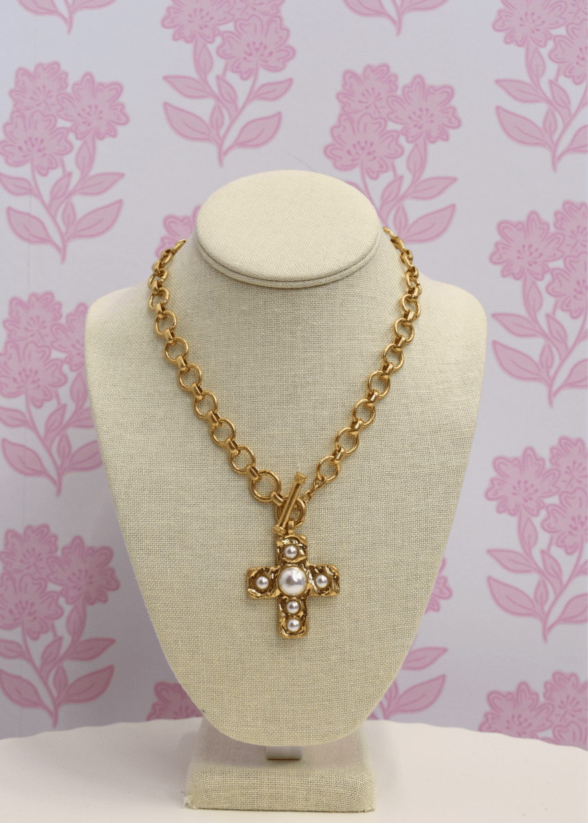 Pave Pearl Cross Necklace - Large - MerciGrace BoutiqueNecklace