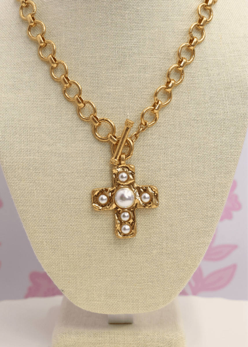 Pave Pearl Cross Necklace - Large - MerciGrace BoutiqueNecklace