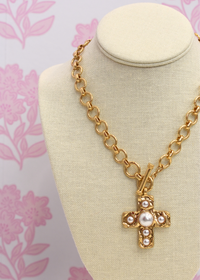 Pavé pearl cross necklace with matching stud earrings in gold