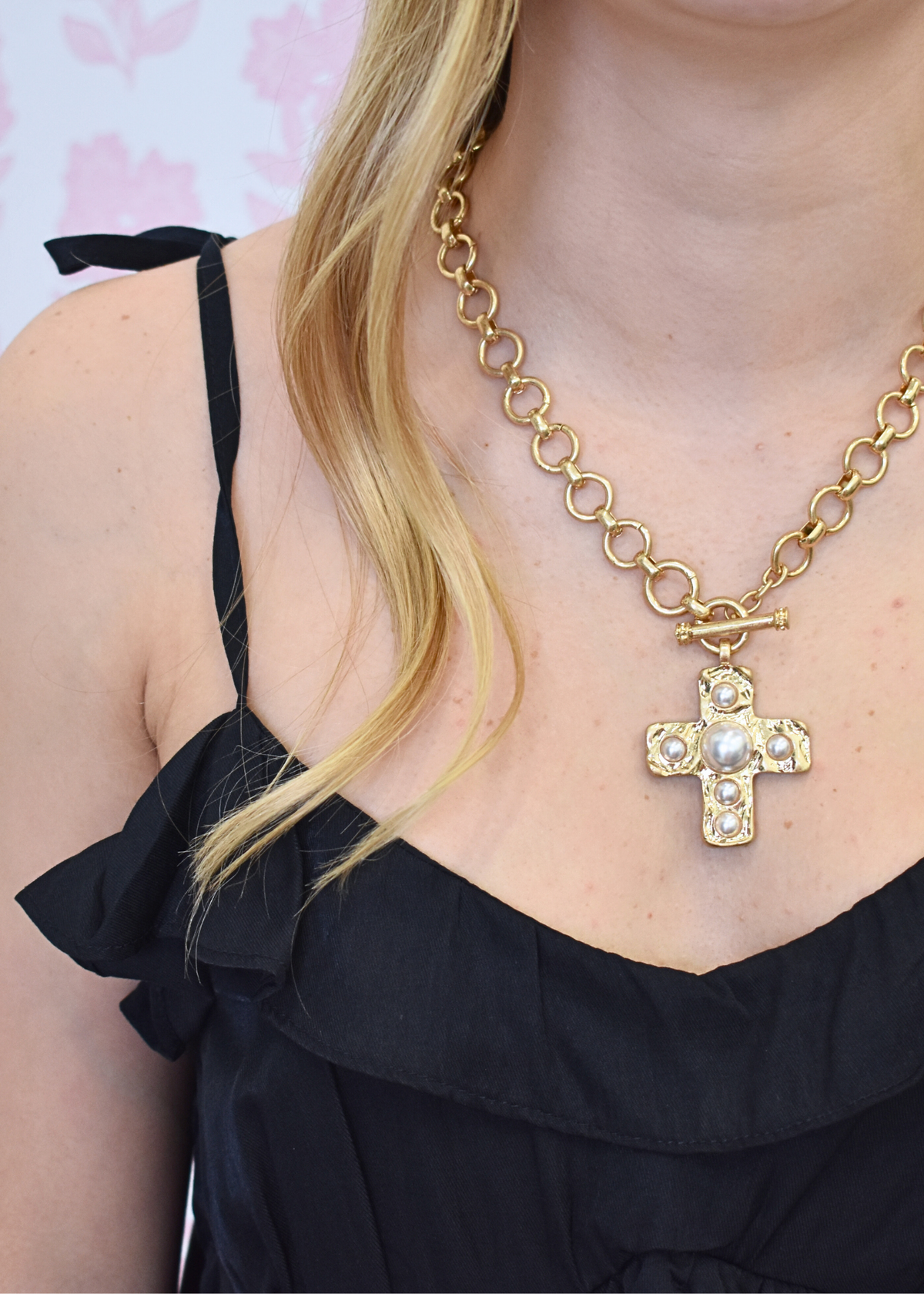 Pave Pearl Cross Necklace with Stud Earrings