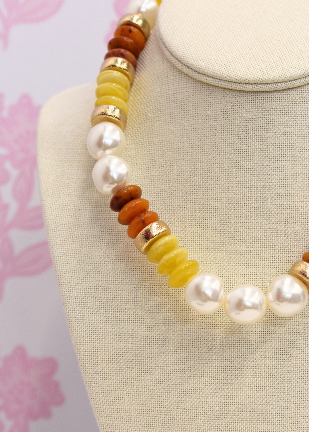 Pearl & Rondelle Shape Beads Necklace- Brown/Gold