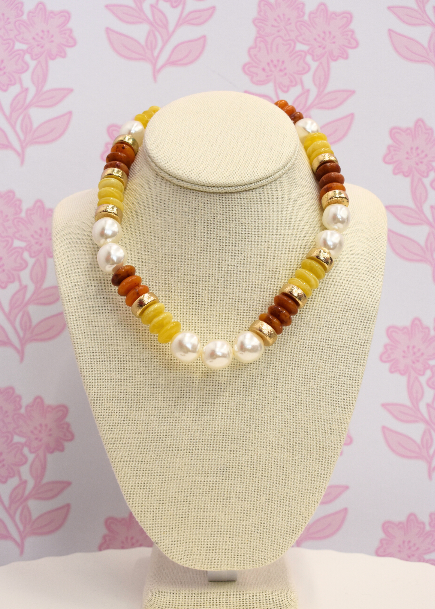 Pearl and brown rondelle bead necklace with gold detail