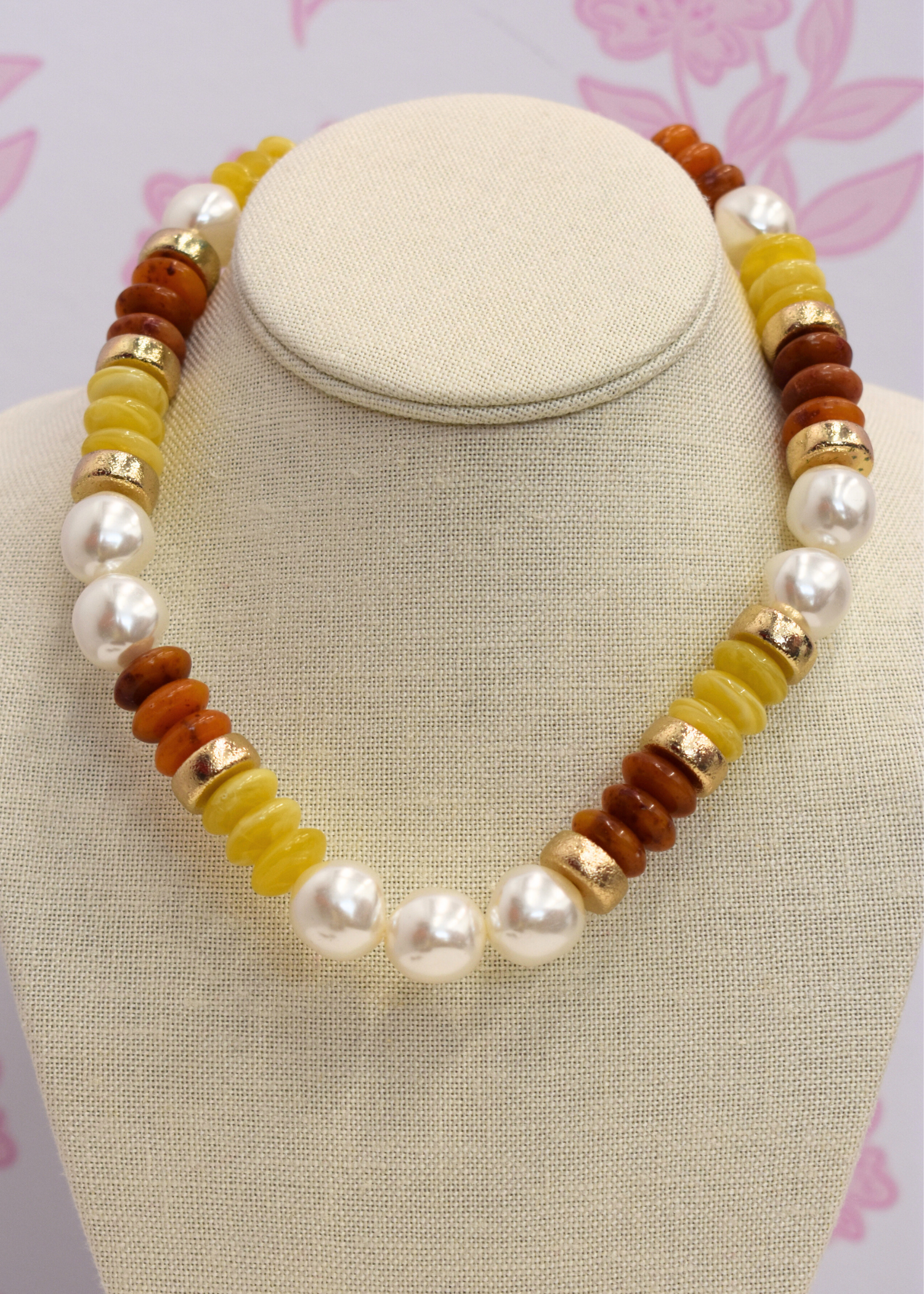 Brown and gold pearl beaded necklace styled for everyday wear