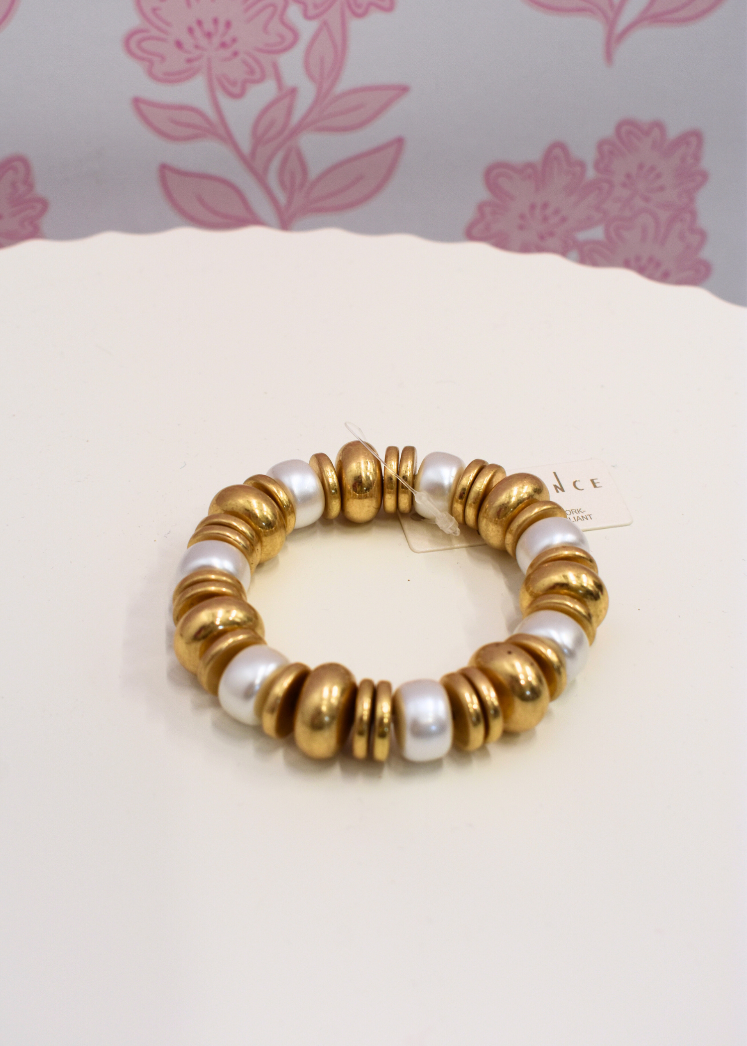 Cream and vintage gold chunky bracelet with pearl station details