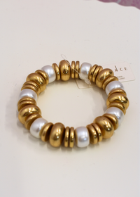 Vintage gold disk bead bracelet with pearl accents