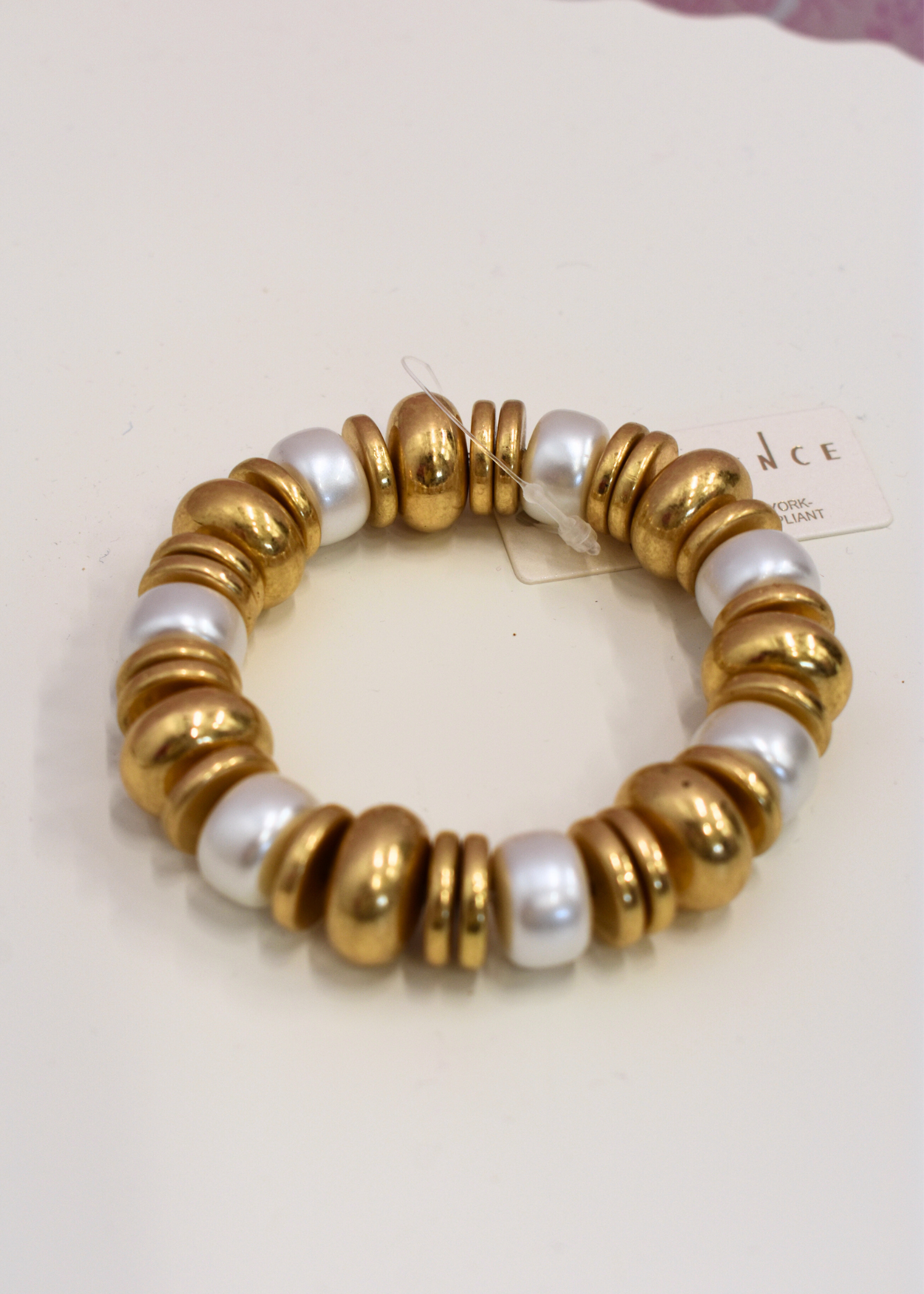 Vintage gold disk bead bracelet with pearl accents