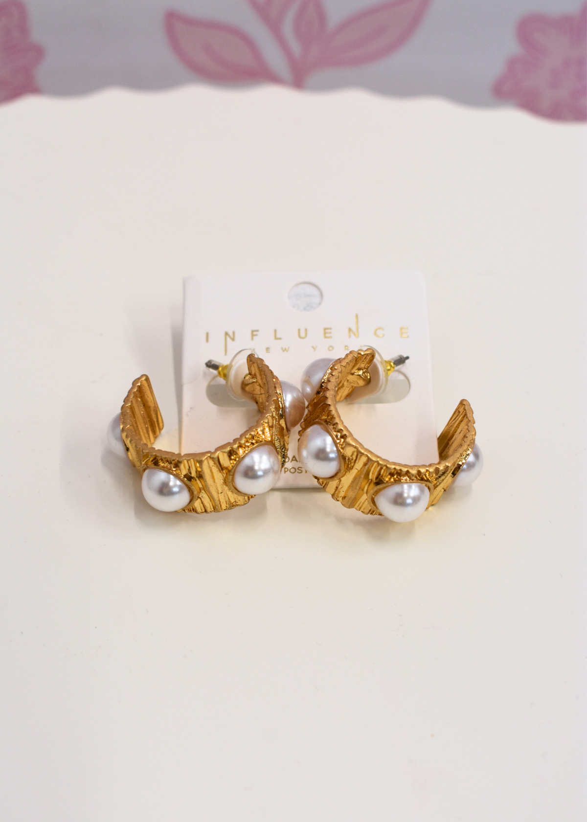 Pearl Station Textured Wide Open Hoops - Cream/Vintage Gold