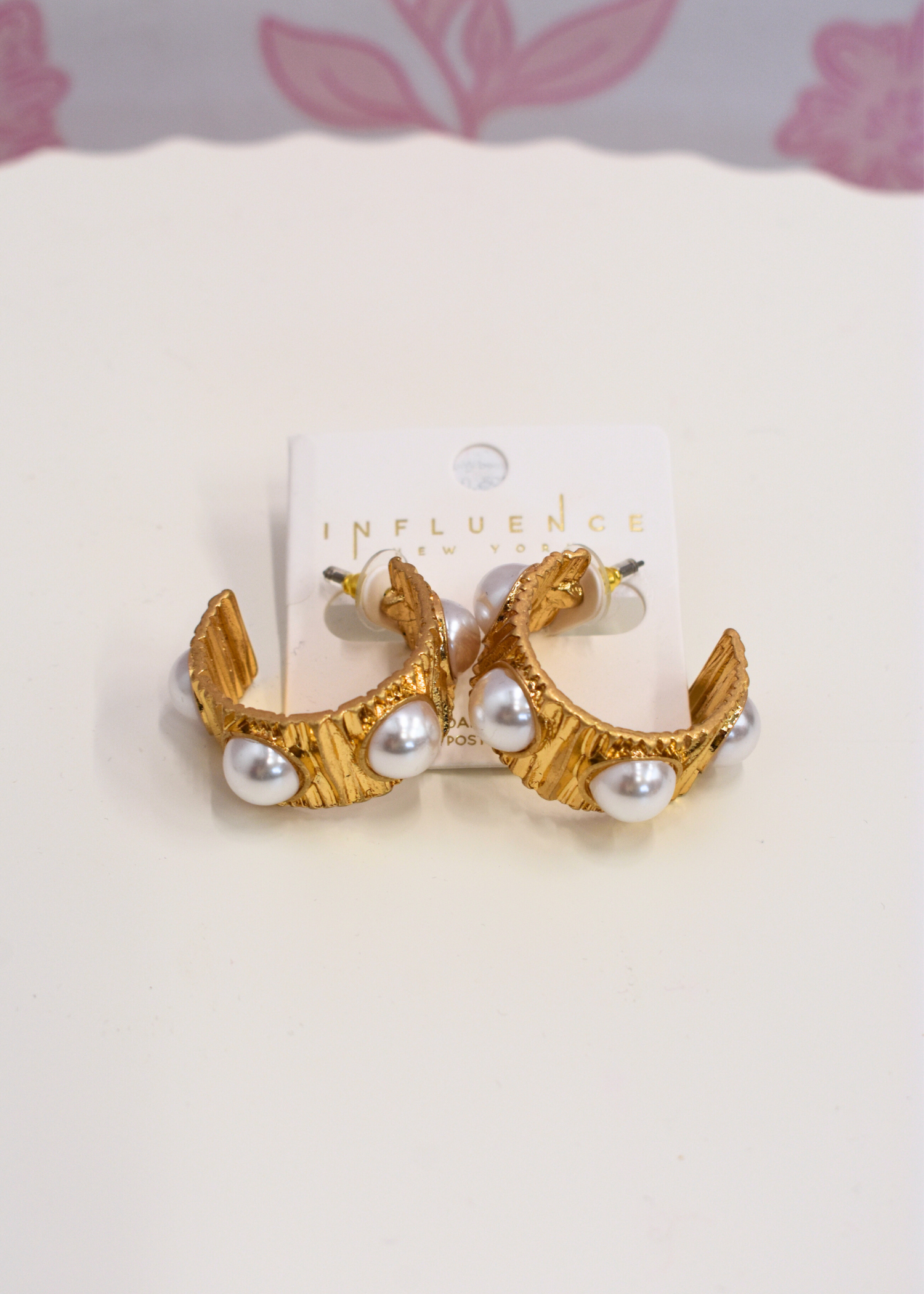 Cream and vintage gold textured hoop earrings with pearl station details