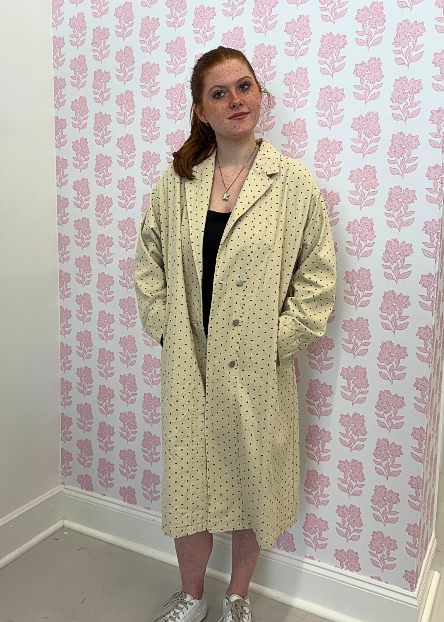 Beige polka dot denim trench coat styled with casual outfit
