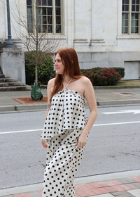 Side view of lightweight polka dot linen halter top with relaxed fit