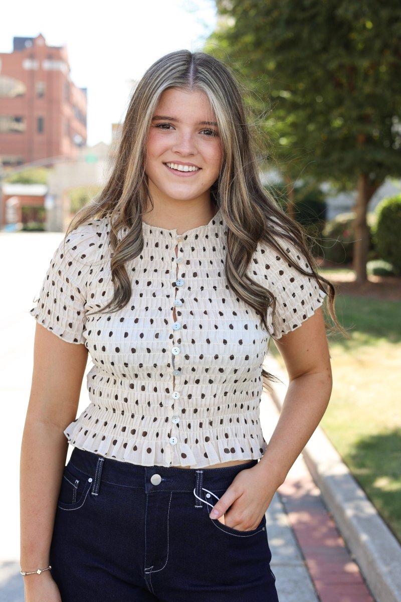 Polka Please Smocked Blouse - Cream - MerciGrace BoutiqueTop