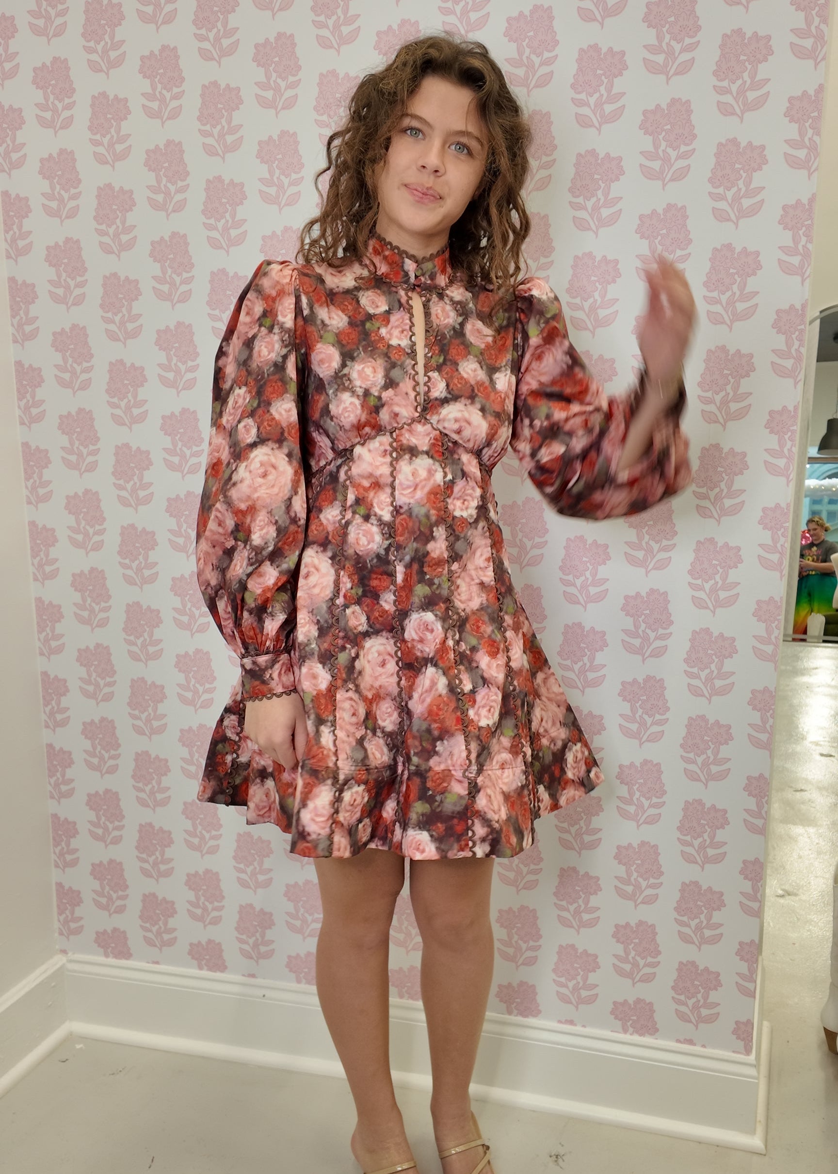 Red, orange, green, and blush floral mini dress with high neckline