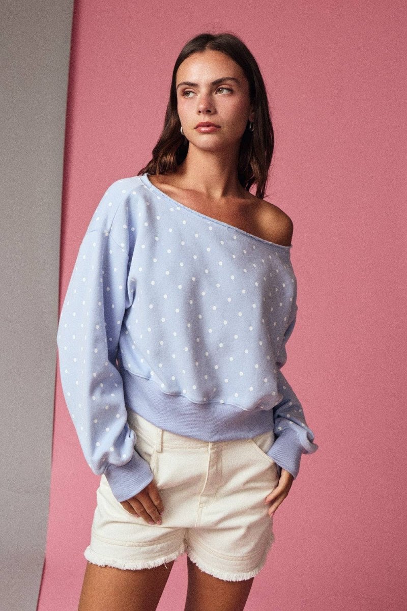 PT17835 - 7 Polka Dot Off Shoulder Sweatshirt Relaxed Fit - MerciGrace Boutique