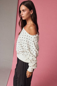 PT17835 - 7 Polka Dot Off Shoulder Sweatshirt Relaxed Fit - MerciGrace Boutique