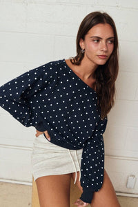 PT17835 - 7 Polka Dot Off Shoulder Sweatshirt Relaxed Fit - MerciGrace Boutique