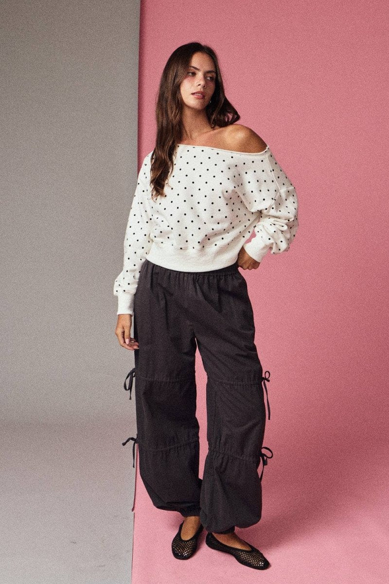 PT17835 - 7 Polka Dot Off Shoulder Sweatshirt Relaxed Fit - MerciGrace Boutique