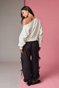 PT17835 - 7 Polka Dot Off Shoulder Sweatshirt Relaxed Fit - MerciGrace Boutique